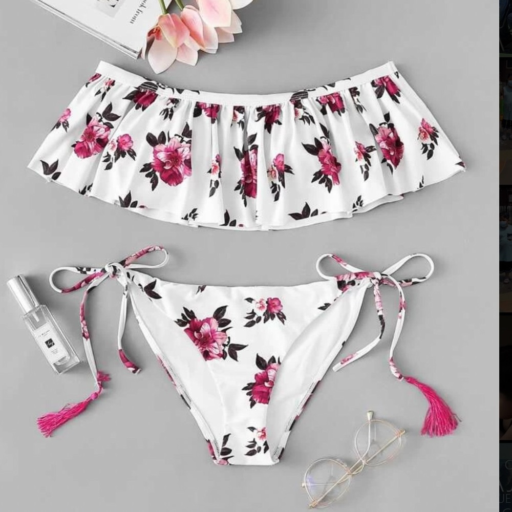 Floral print ruffle top with side tie bikini set